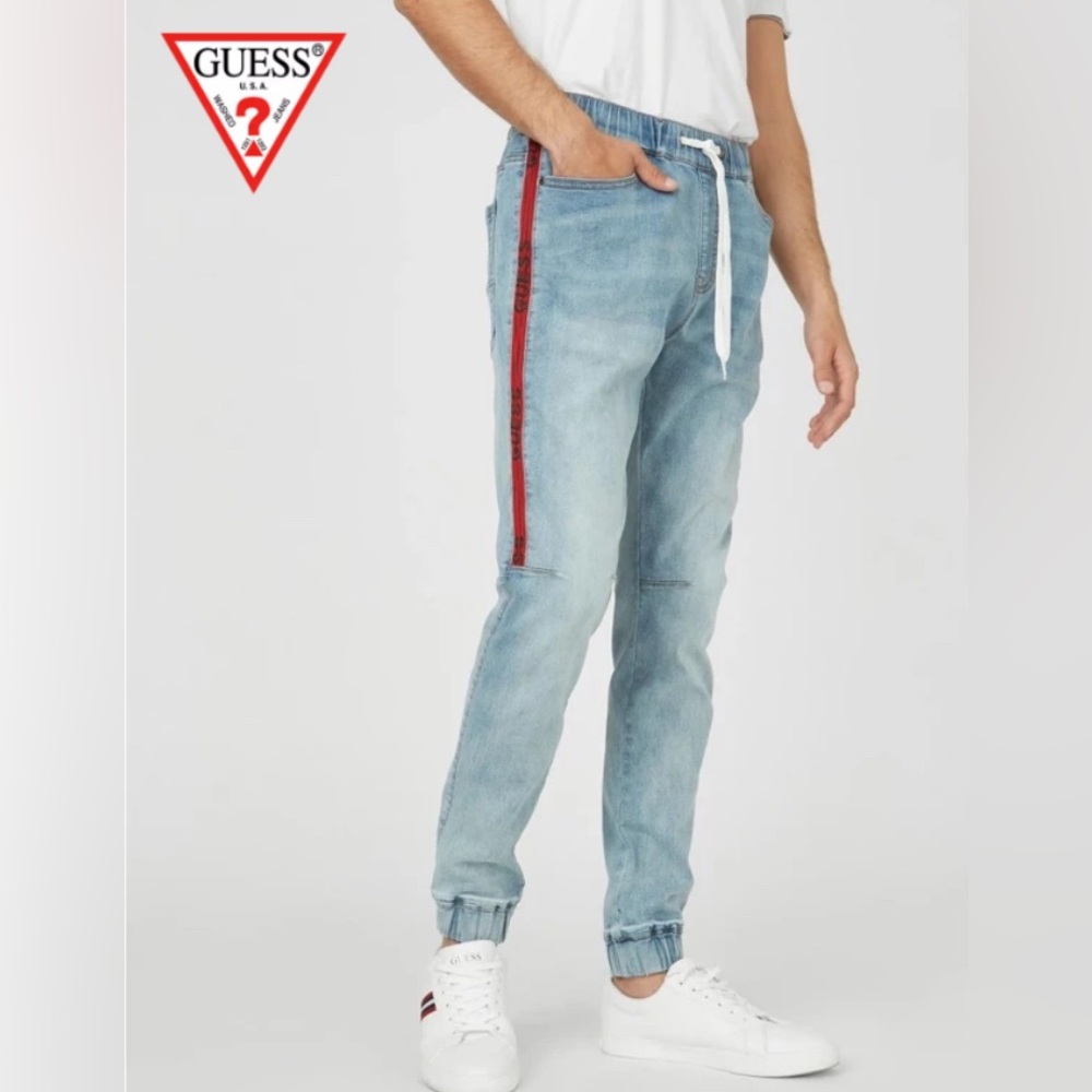 Guess Ramsey Logo Pull-On Light Wash Denim Jogger Jeans Men's Size Small